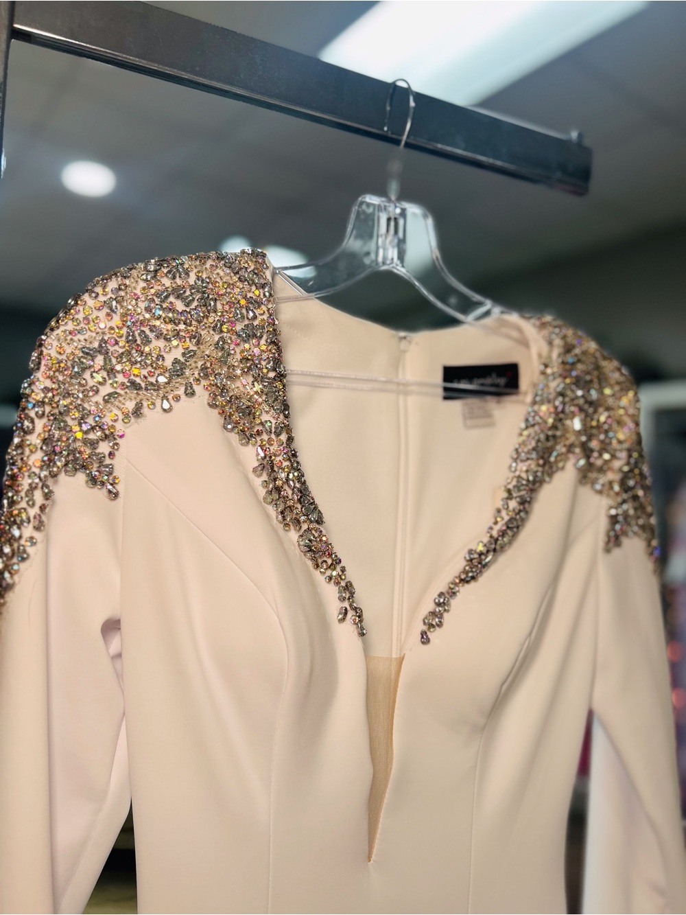 Long-Sleeve White Evening Gown with Embellished Shoulders - Picture 2 of 6